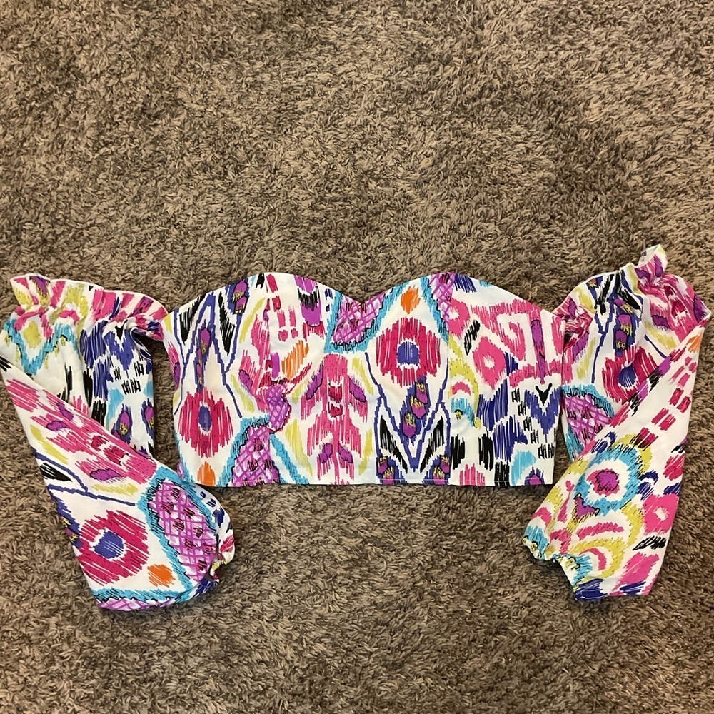 SHEIN Off Shoulder Crop Top Geometric Multicolor Smocked Back 2XL